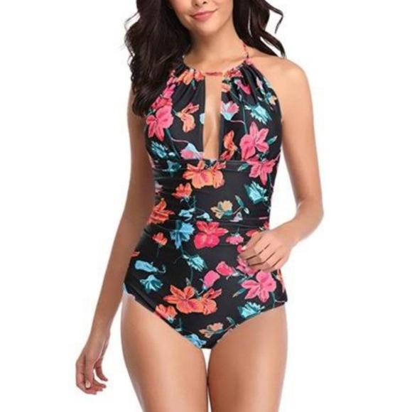 NWOT 2BPrity Women's Black Floral Halter One Piece Swimsuit Size Medium (10). - Picture 1 of 9
